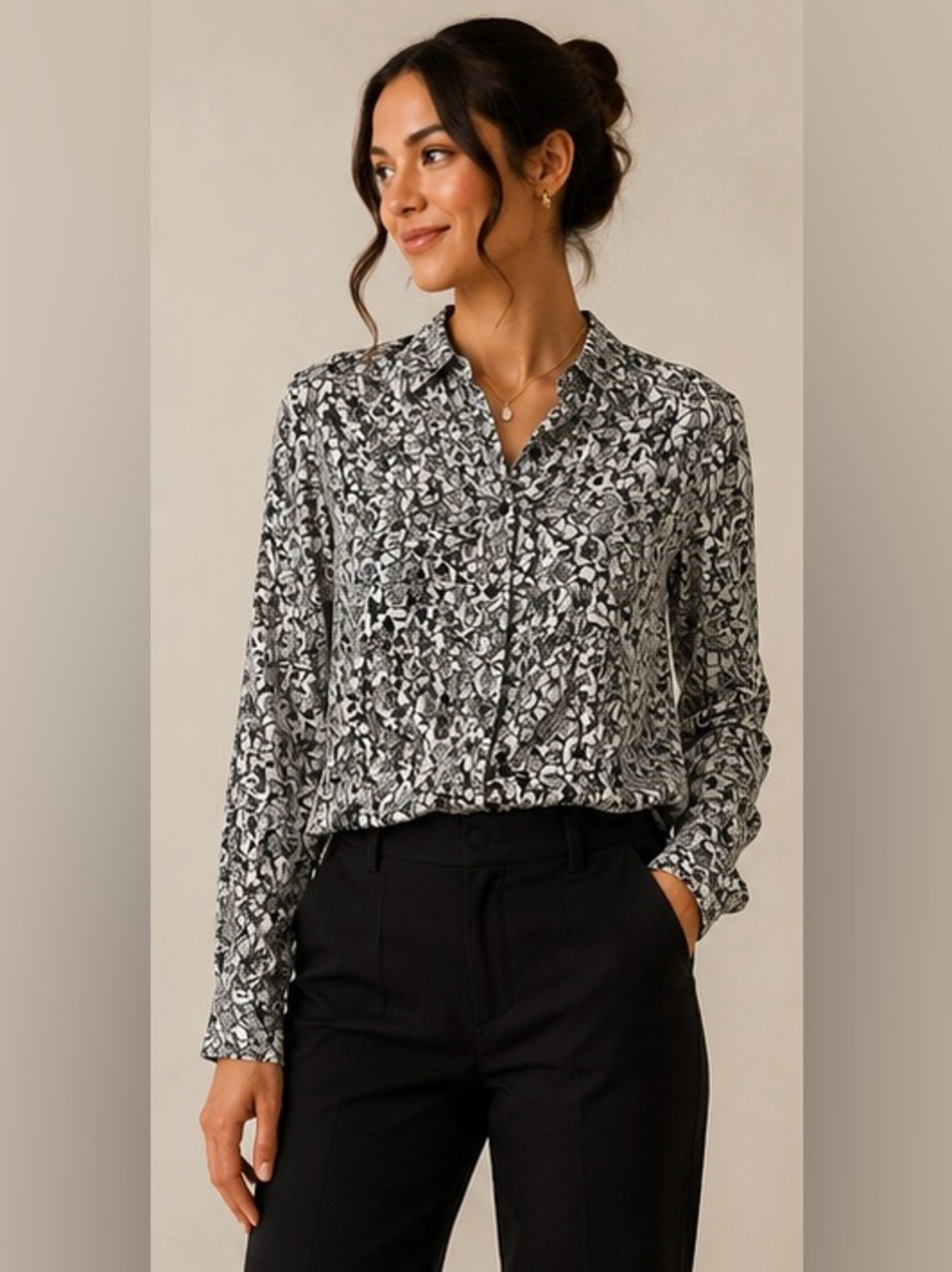 Monoprix Femme Floral Black and White 100% silk Blouse size 38